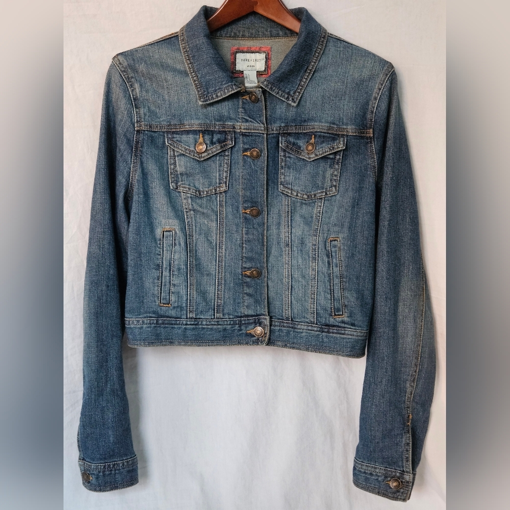 Forever 21 Classic Blue Jean Jacket Cropped Sise L